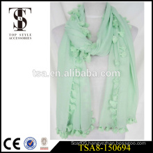 light blue scarve fashion 100 polyester scarf with pompon tassel all around